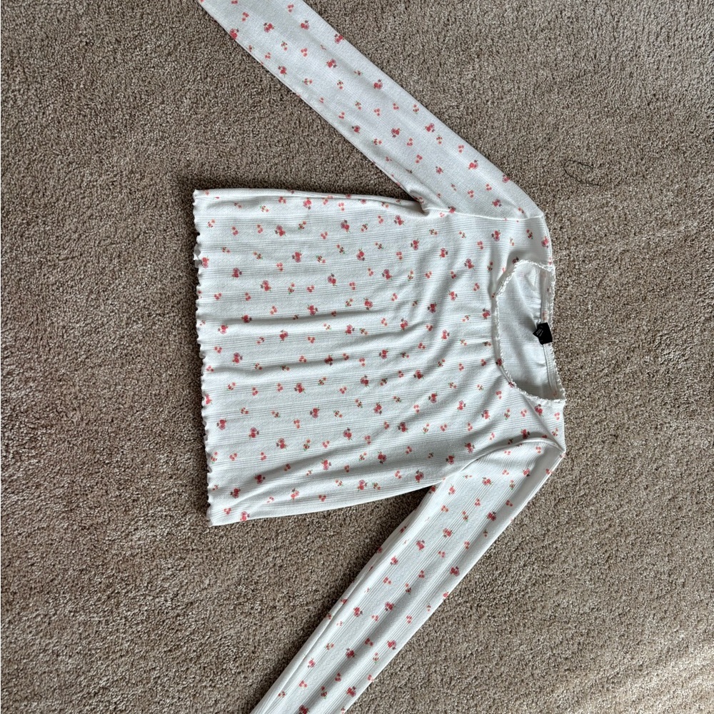 Cat & Jack White Ribbed Long Sleeve Top with Pink Floral Accents